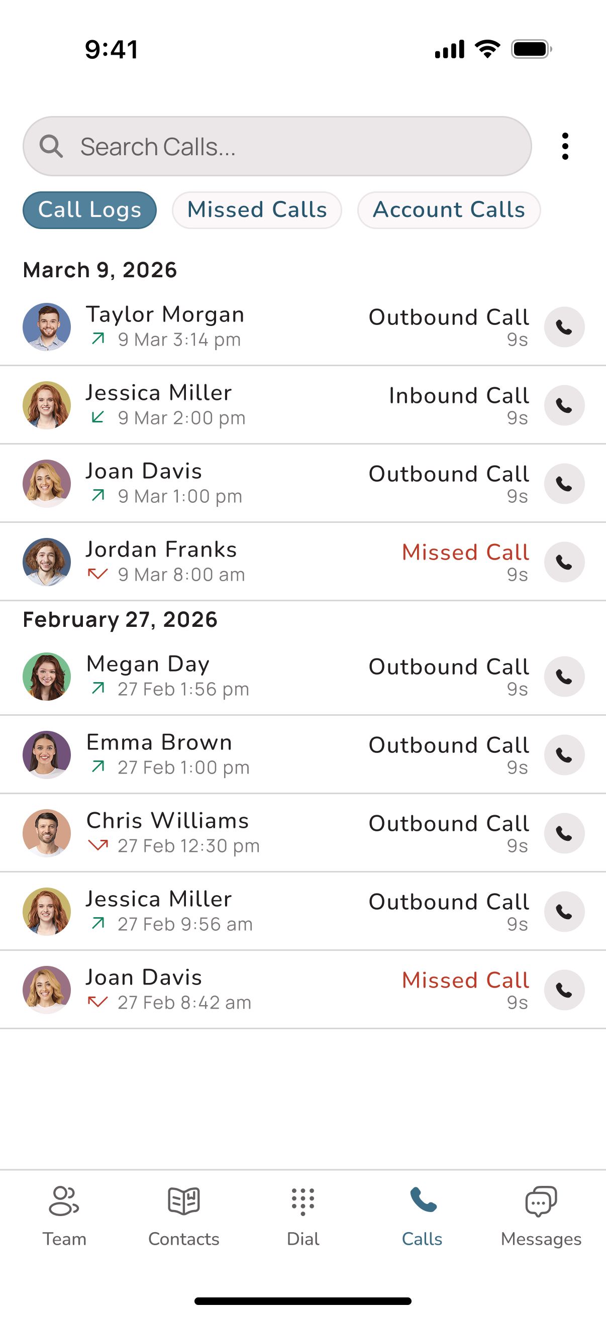 Uniden Voice Over Cloud mobile app - Call history view